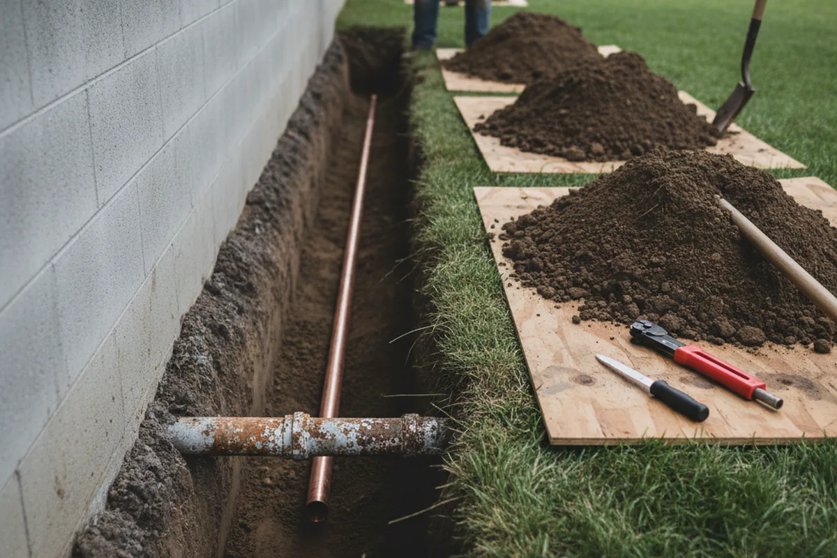 Excavated water line trench during Sewer Line Repair in Franconia
